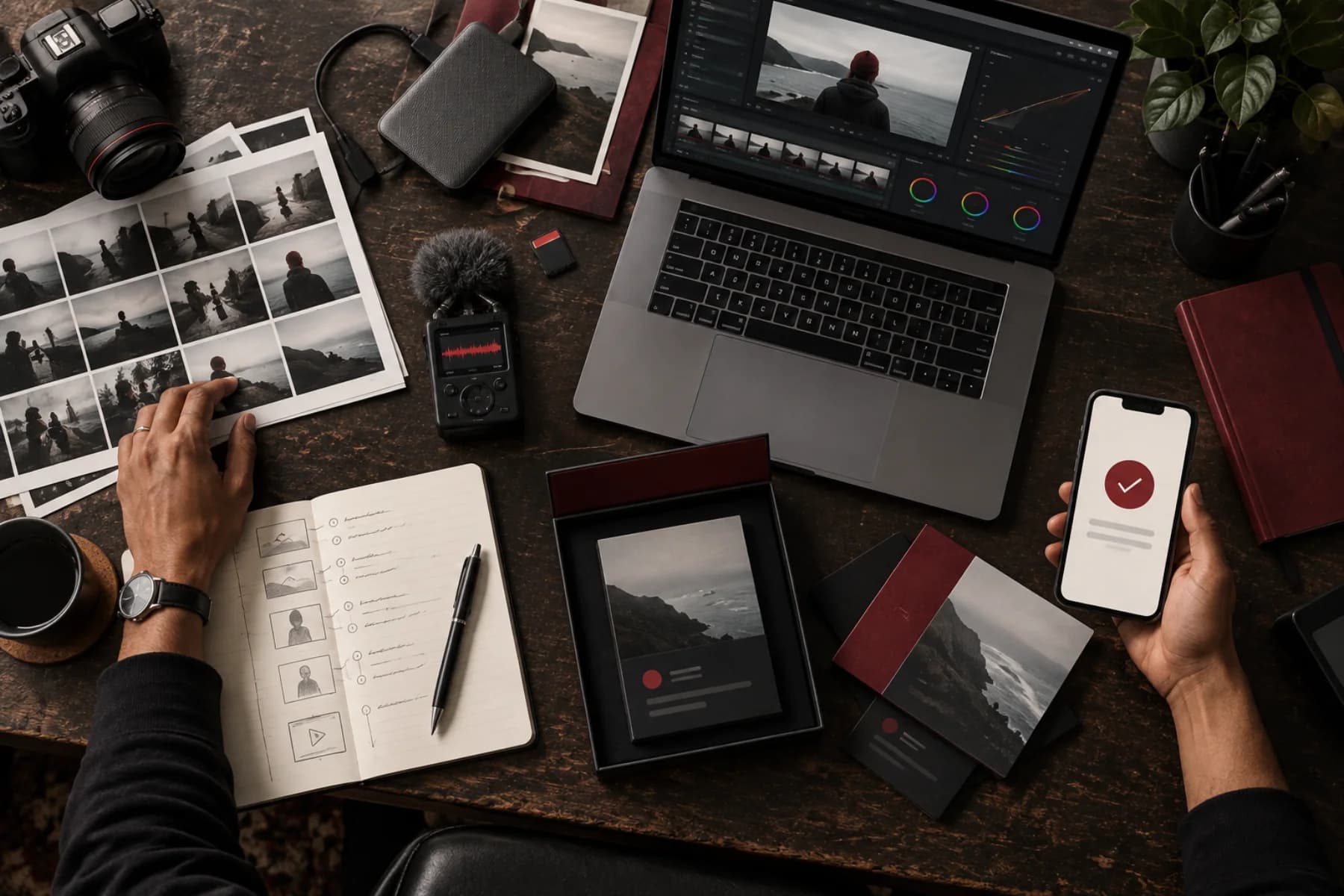 Un espace de travail avec appareil photo, montage vidéo et confirmation de paiement